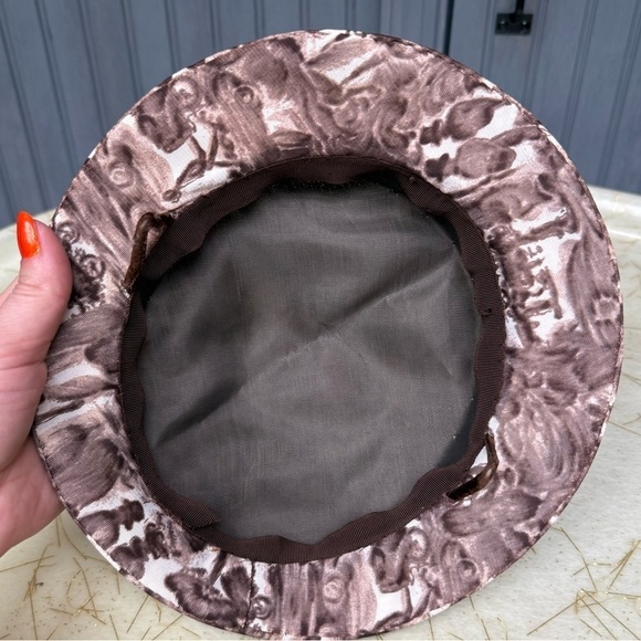 Vintage Cloche-Style Brown Printed Hat with Orange Ribbon and Bow, Medium Fit - Picture 8 of 10